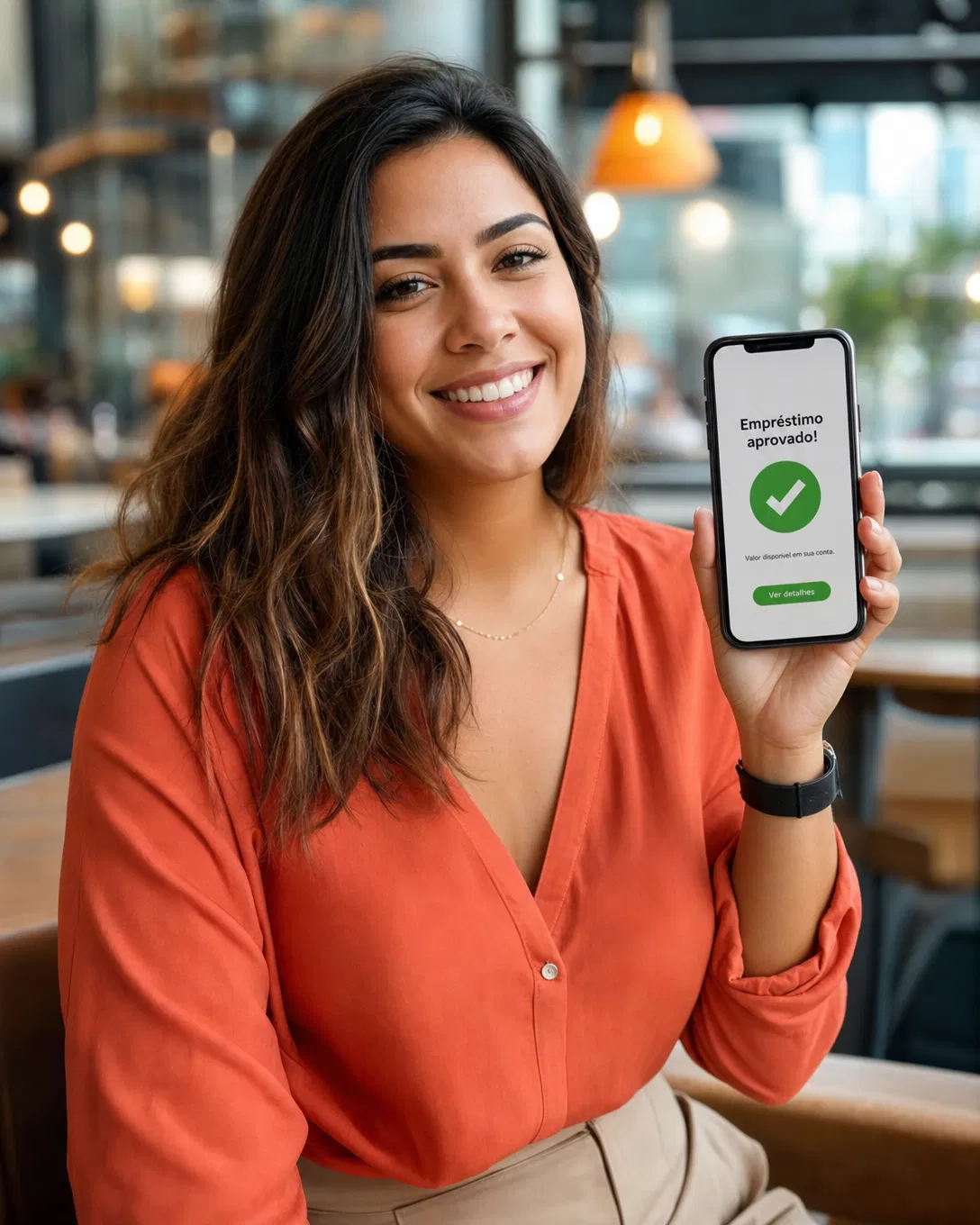 Trabalhadora CLT sorrindo com celular mostrando empréstimo aprovado